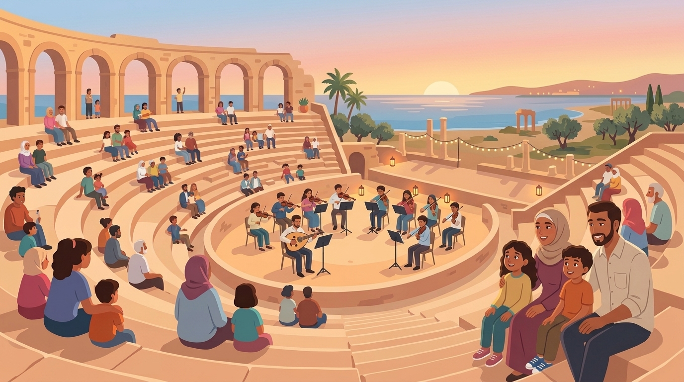 Un orchestre de jeunes joue dans un amphithéâtre romain au coucher du soleil ; des familles écoutent sur les gradins